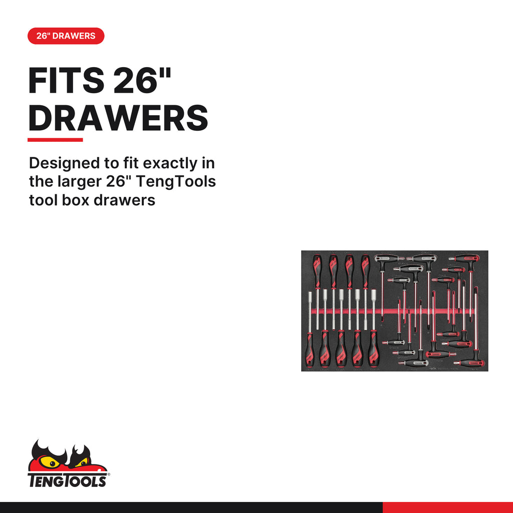 Teng Tools TTEX23N Nut Driver & Hex/TX T-Handle Set FOAM4X4 23 Pieces, designed to fit exactly in the larger 26" tengtools to