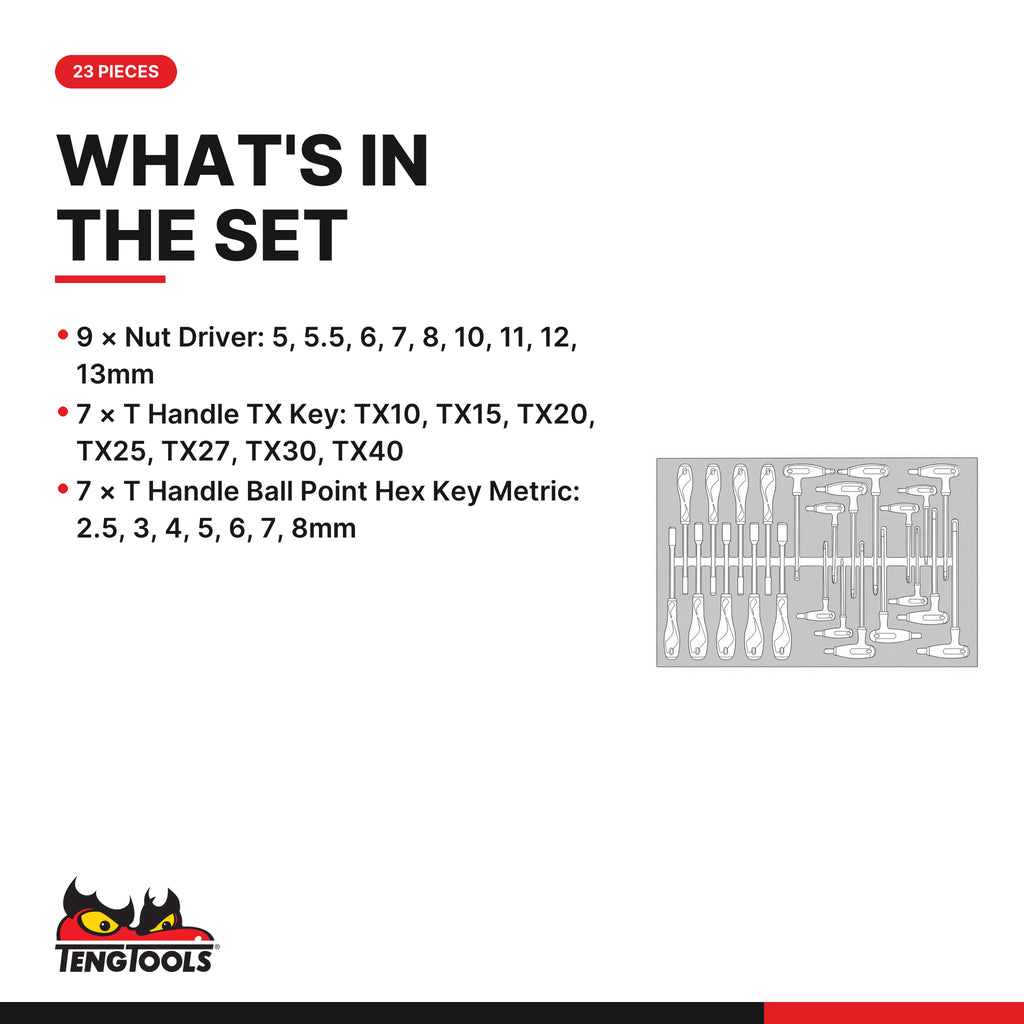 Teng Tools TTEX23N Nut Driver & Hex/TX T-Handle Set FOAM4X4 23 Pieces, what's in the tray
