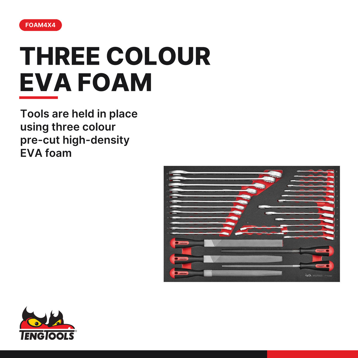 Teng Tools TTEX32 Spanner & File Set FOAM4X4 32 Pieces, tools are held in place using three colour pre-cut high-density EVA