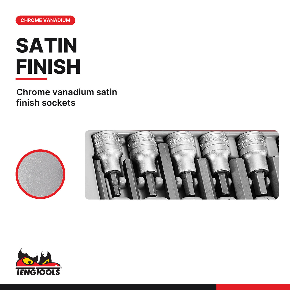 Teng Tools TTHEX16 1/2" Hex Bit Socket Set TT1 16 Pieces, chrome vanadium satin finish sockets