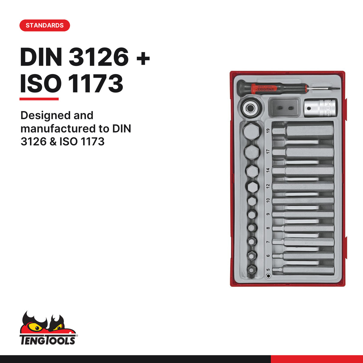 Teng Tools TTHEX23 1/2" Hex Bit Socket Set TT1 23 Pieces, designed and manufactured to din 3126 & iso 1173