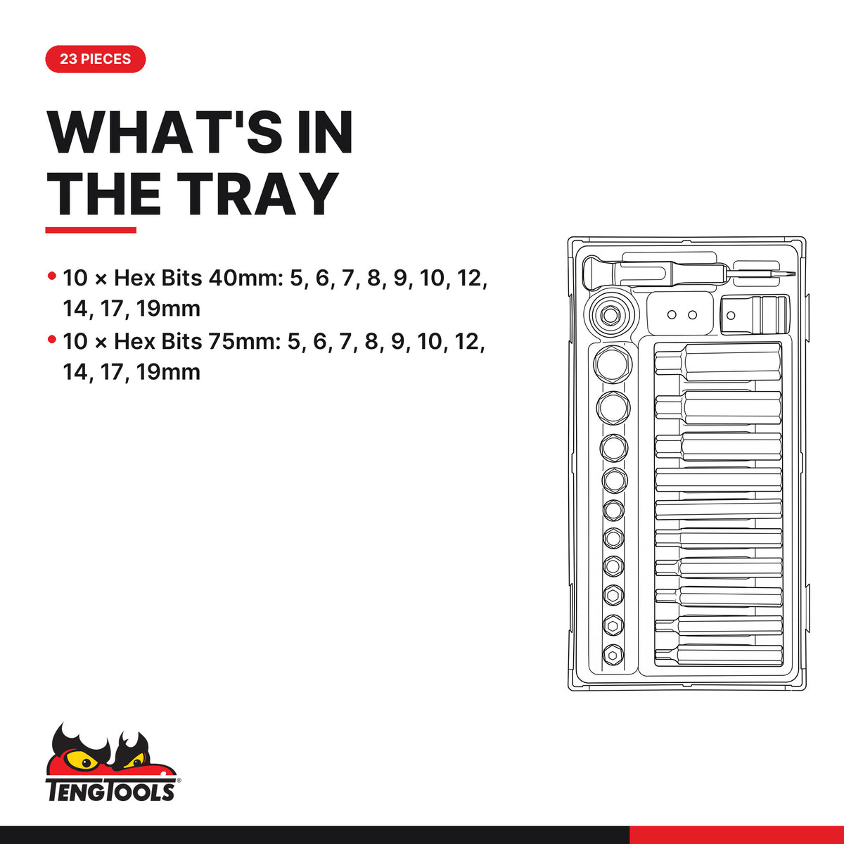 Teng Tools TTHEX23 1/2" Hex Bit Socket Set TT1 23 Pieces, what's in the tray