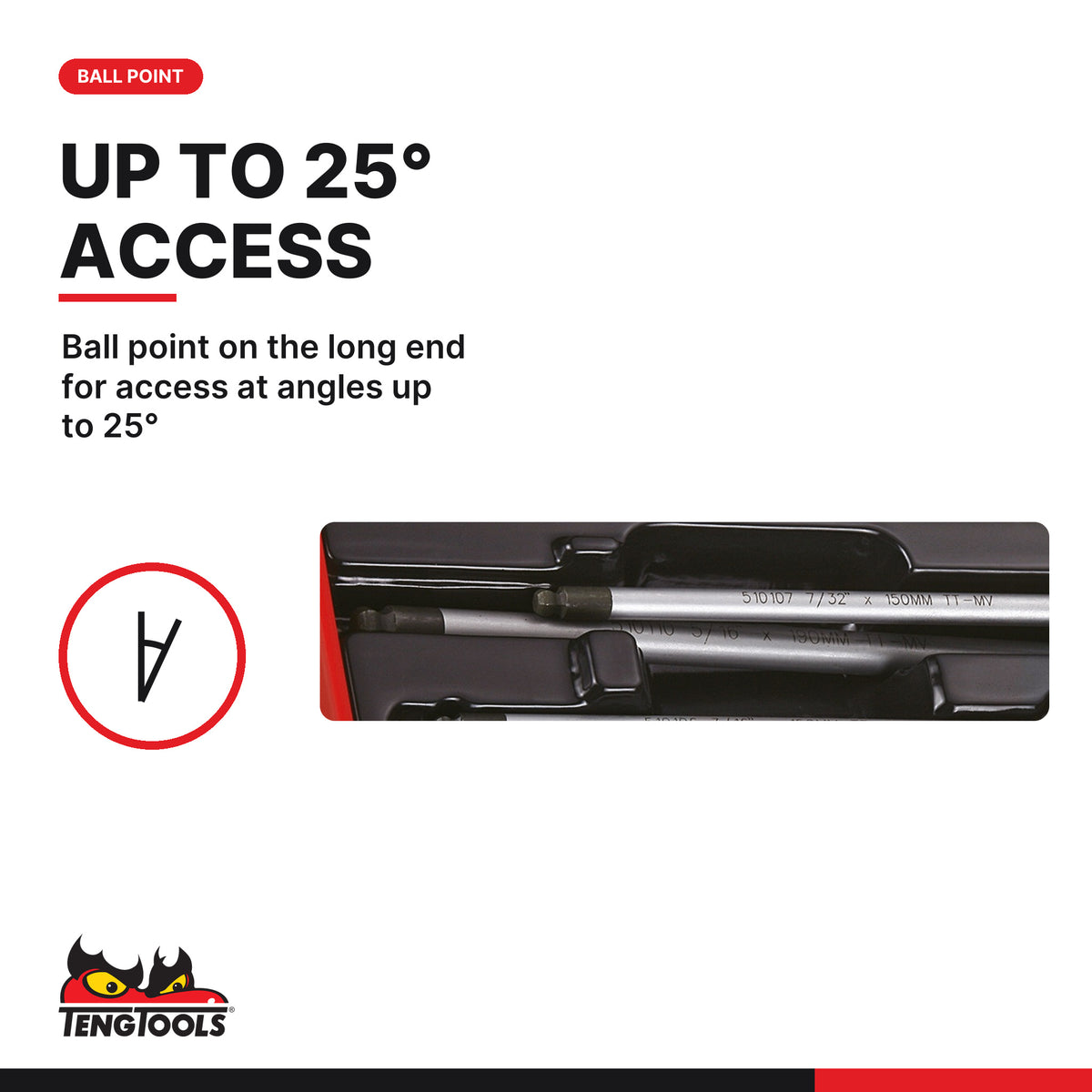 Teng Tools TTHEX7AF T-Handle Ball Point Hex Key Set AF TT1 7 Pieces, ball point on the long end for access at angles up to 25
