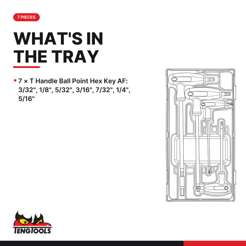 Teng Tools TTHEX7AF T-Handle Ball Point Hex Key Set AF TT1 7 Pieces, what's in the tray