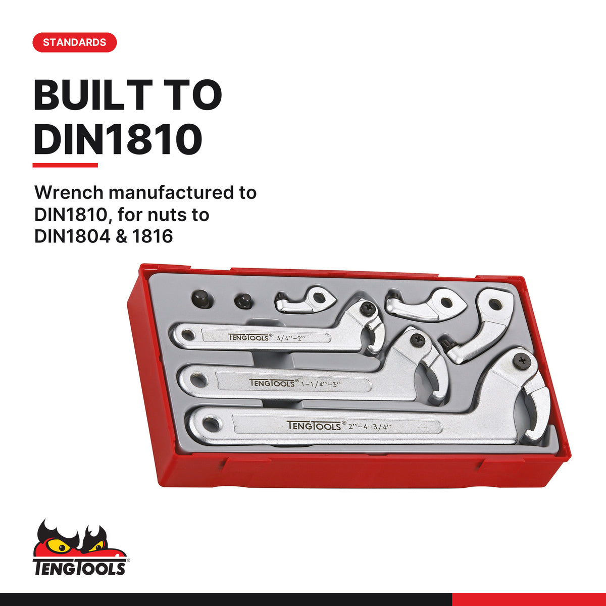Teng Tools TTHP08 Hook & Pin Wrench Set TT1 8 Pieces, wrench manufactured to din1810, for nuts to din1804 & 1816