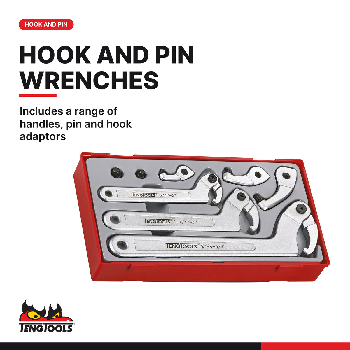 Teng Tools TTHP08 Hook & Pin Wrench Set TT1 8 Pieces, includes a range of handles, pin and hook adaptors