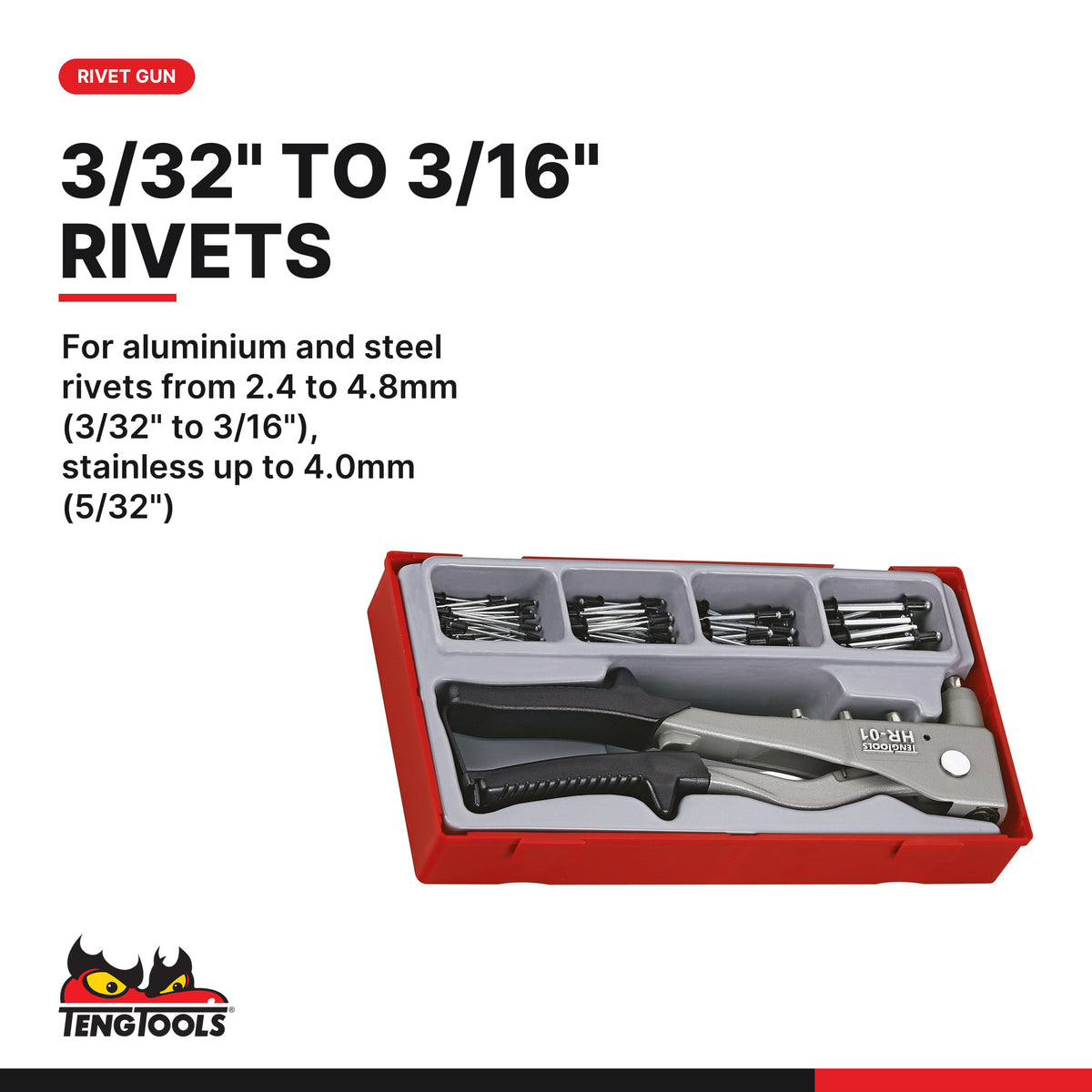 Teng Tools TTHR81 Rivet Gun Set TT1 81 Pieces, for aluminium and steel rivets from 2.4 to 4.8mm (3/32" to 3/16"), stainless u