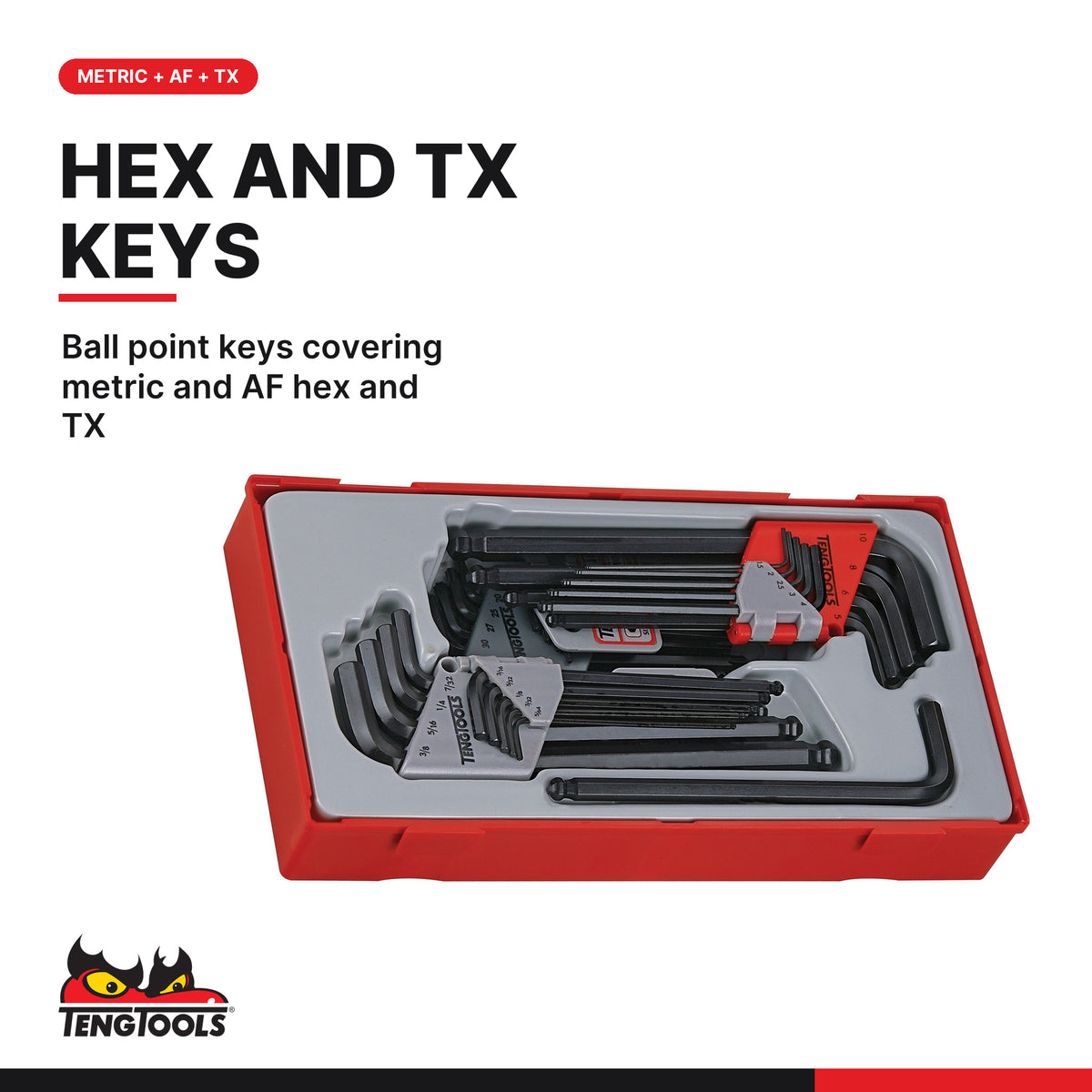 Teng Tools TTHT28 Ball Point Hex & TX Key Set TT1 28 Pieces, ball point keys covering metric and af hex and tx