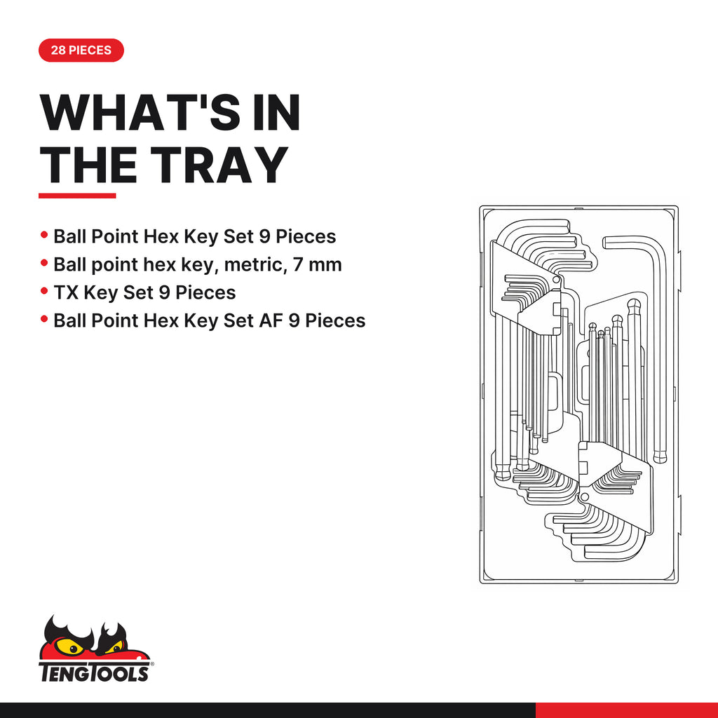 Teng Tools TTHT28 Ball Point Hex & TX Key Set TT1 28 Pieces, what's in the tray