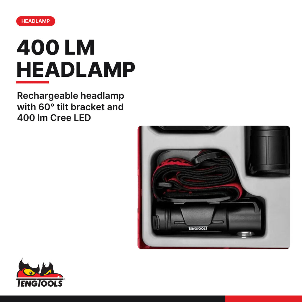 Teng Tools TTLA03 Rechargeable LED lamp set TT1 3 pieces, rechargeable headlamp with 60° tilt bracket and 400 lm cree led