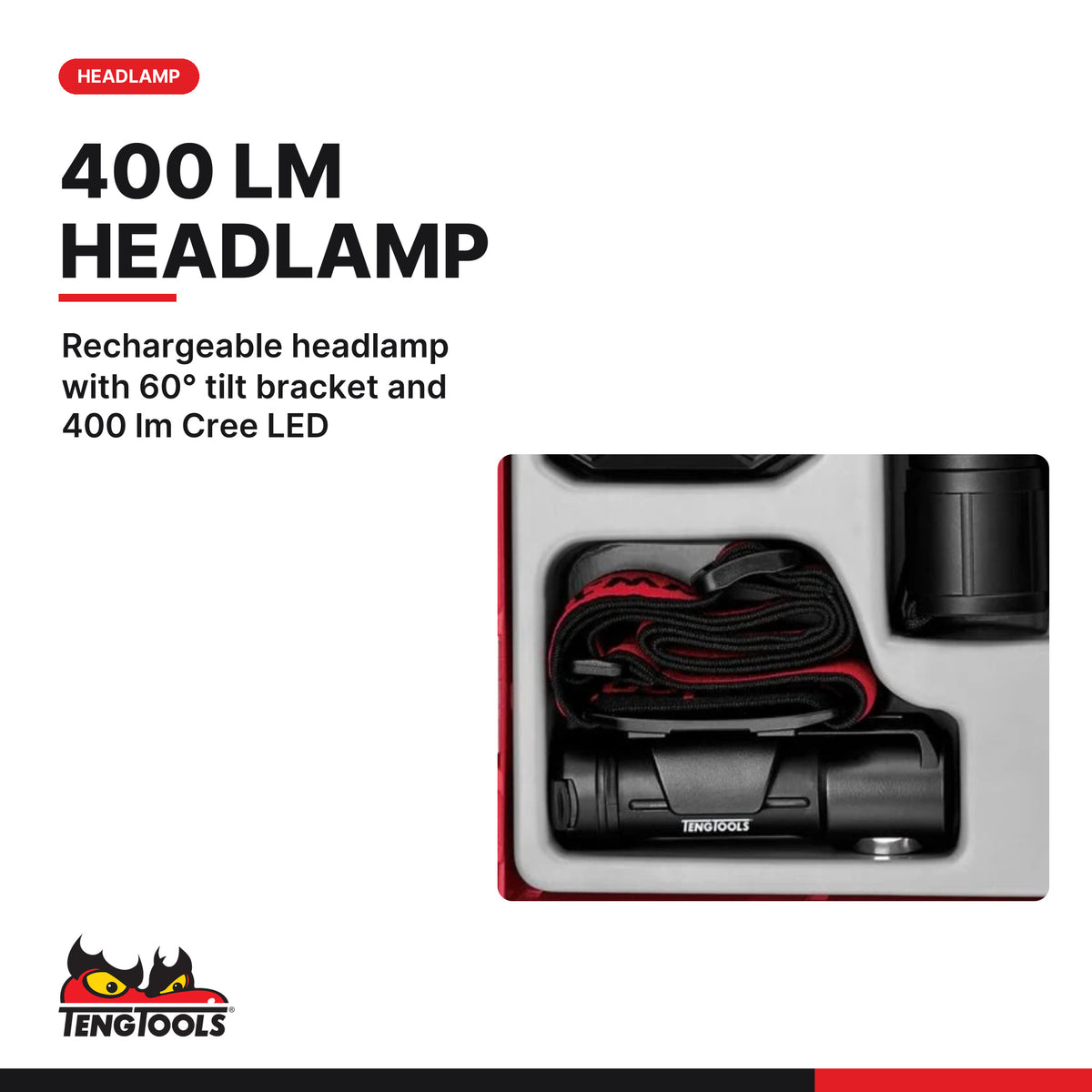 Teng Tools TTLA03 Rechargeable LED lamp set TT1 3 pieces, rechargeable headlamp with 60° tilt bracket and 400 lm cree led
