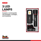 Teng Tools TTLA03 Rechargeable LED lamp set TT1 3 pieces, includes a rechargeable led flashlight, worklight, and headlamp
