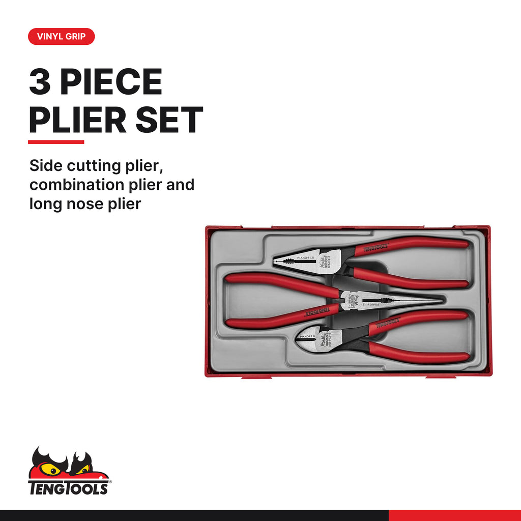 Teng Tools TTMB03 Vinyl grip plier set TT1 3 pieces, side cutting plier, combination plier and long nose plier