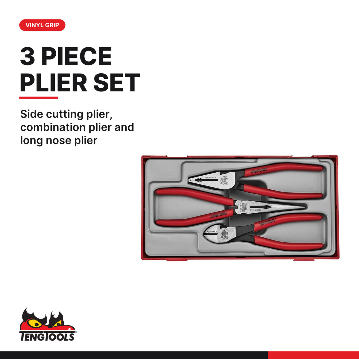 Teng Tools TTMB03 Vinyl grip plier set TT1 3 pieces, side cutting plier, combination plier and long nose plier