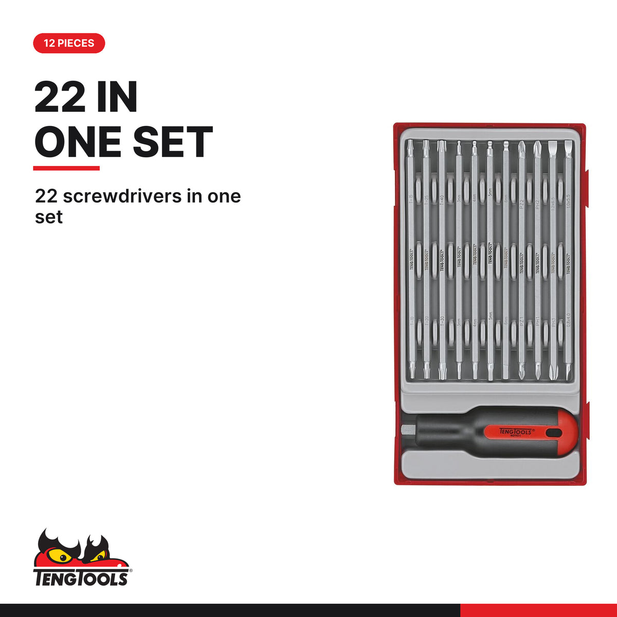 Teng Tools TTMD12D Screwdriver Blade Set Mixed TT1 12 Pieces, 22 screwdrivers in one set