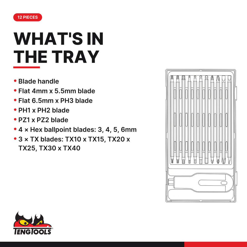 Teng Tools TTMD12D Screwdriver Blade Set Mixed TT1 12 Pieces, what's in the tray