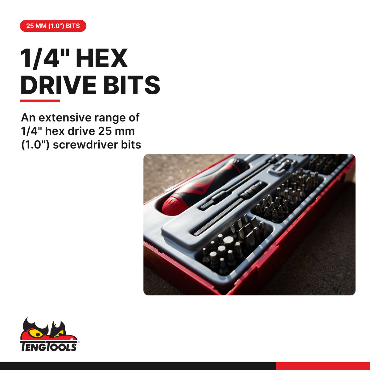 Teng Tools TTMD74 Ratcheting Screwdriver Bit Set TT1 74 Pieces, an extensive range of 1/4" hex drive 25 mm (1.0")