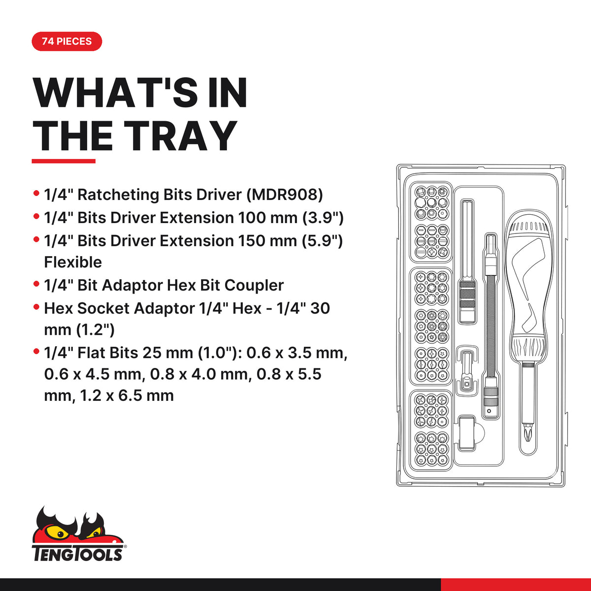 Teng Tools TTMD74 Ratcheting Screwdriver Bit Set TT1 74 Pieces, what's in the tray