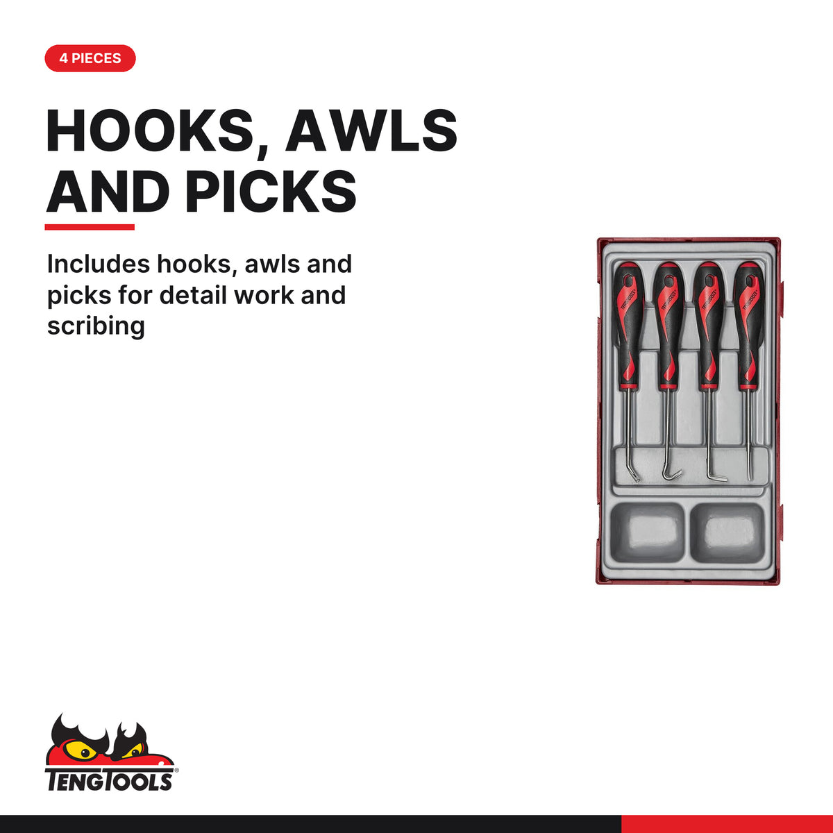 Teng Tools TTMDP Hook & Pick Set TT1 4 Pieces, includes hooks, awls and picks for detail work and scribing