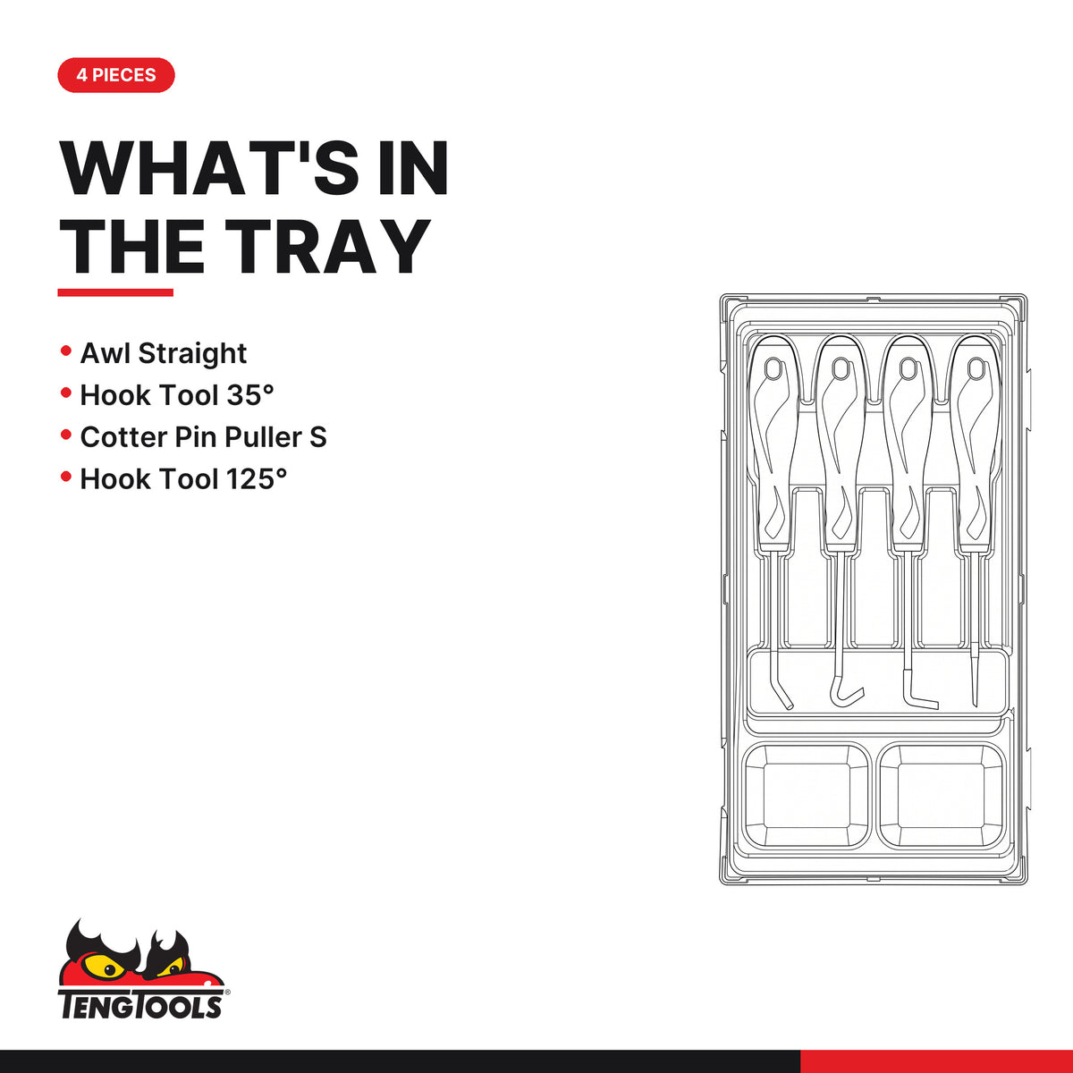 Teng Tools TTMDP Hook & Pick Set TT1 4 Pieces, what's in the tray