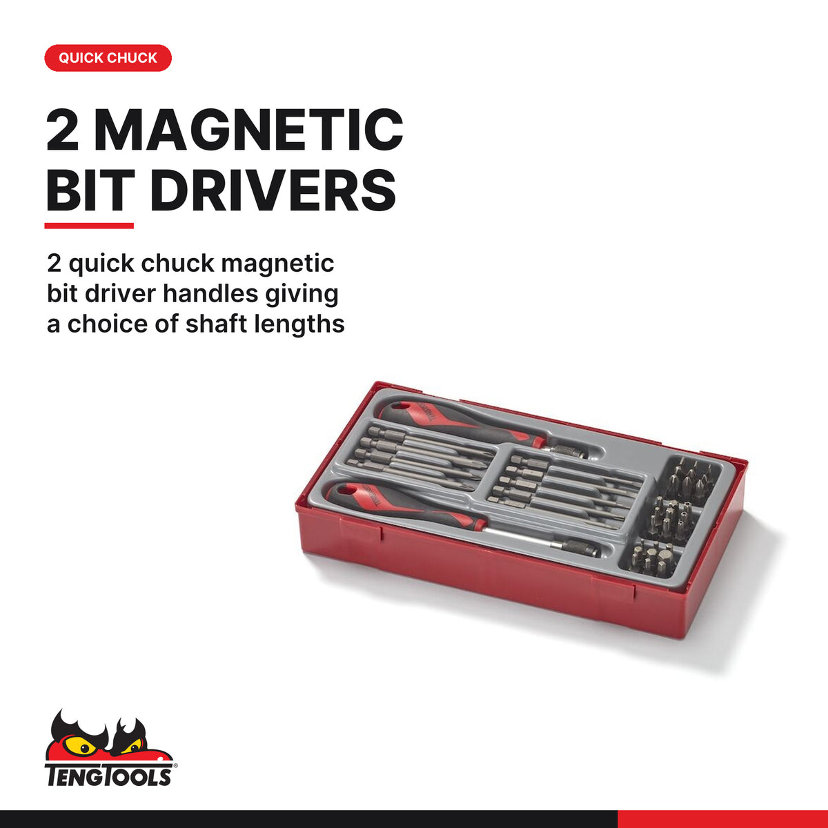 Teng Tools TTMDQ38 38-Piece 1/4 Inch Screwdriver Bit Set with Quick, 2 quick chuck magnetic bit driver handles giving a