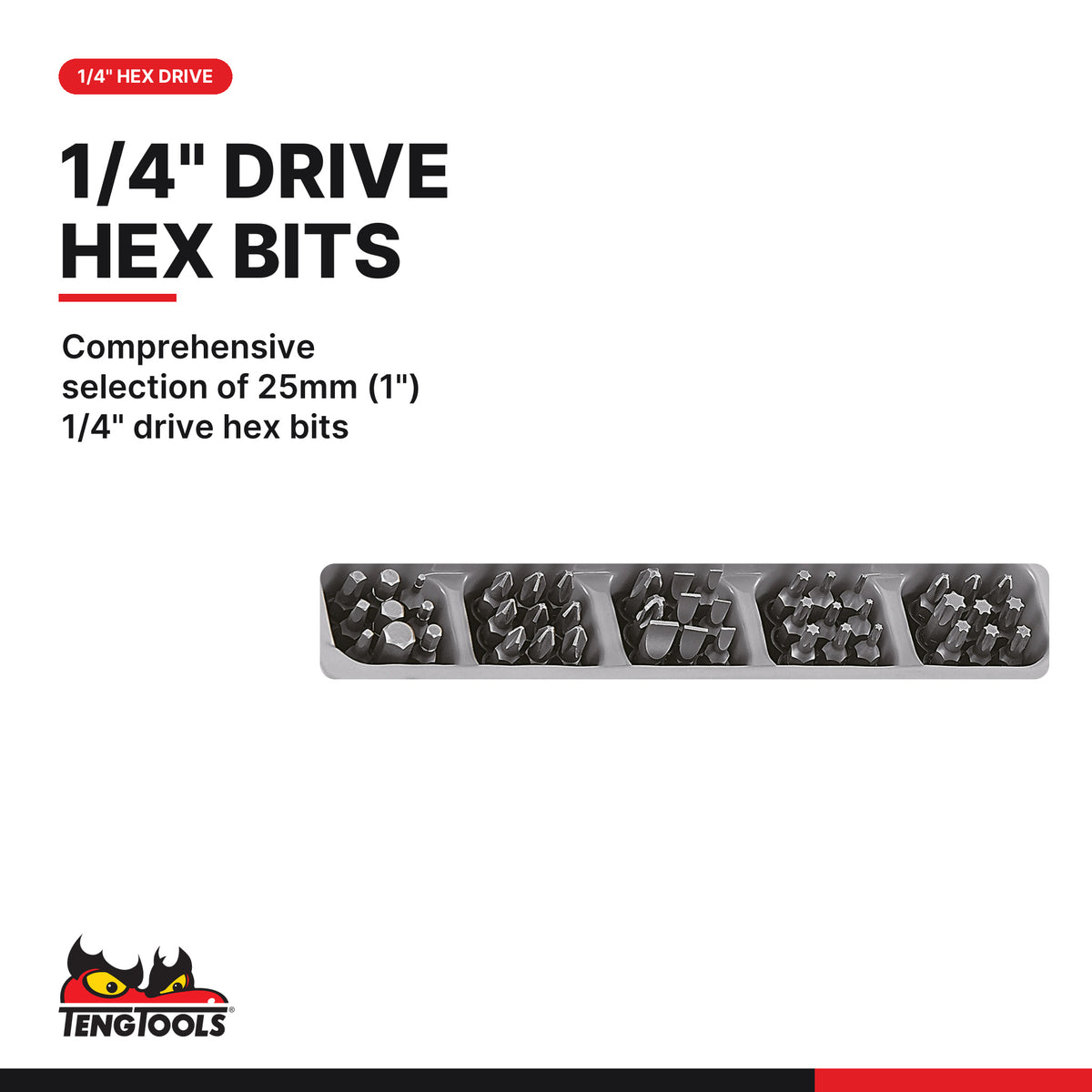 Teng Tools TTMDRT64 64-Piece 1/4 Drive Angled Ratcheting Bit Driver, comprehensive selection of 25mm (1") 1/4" drive hex bits