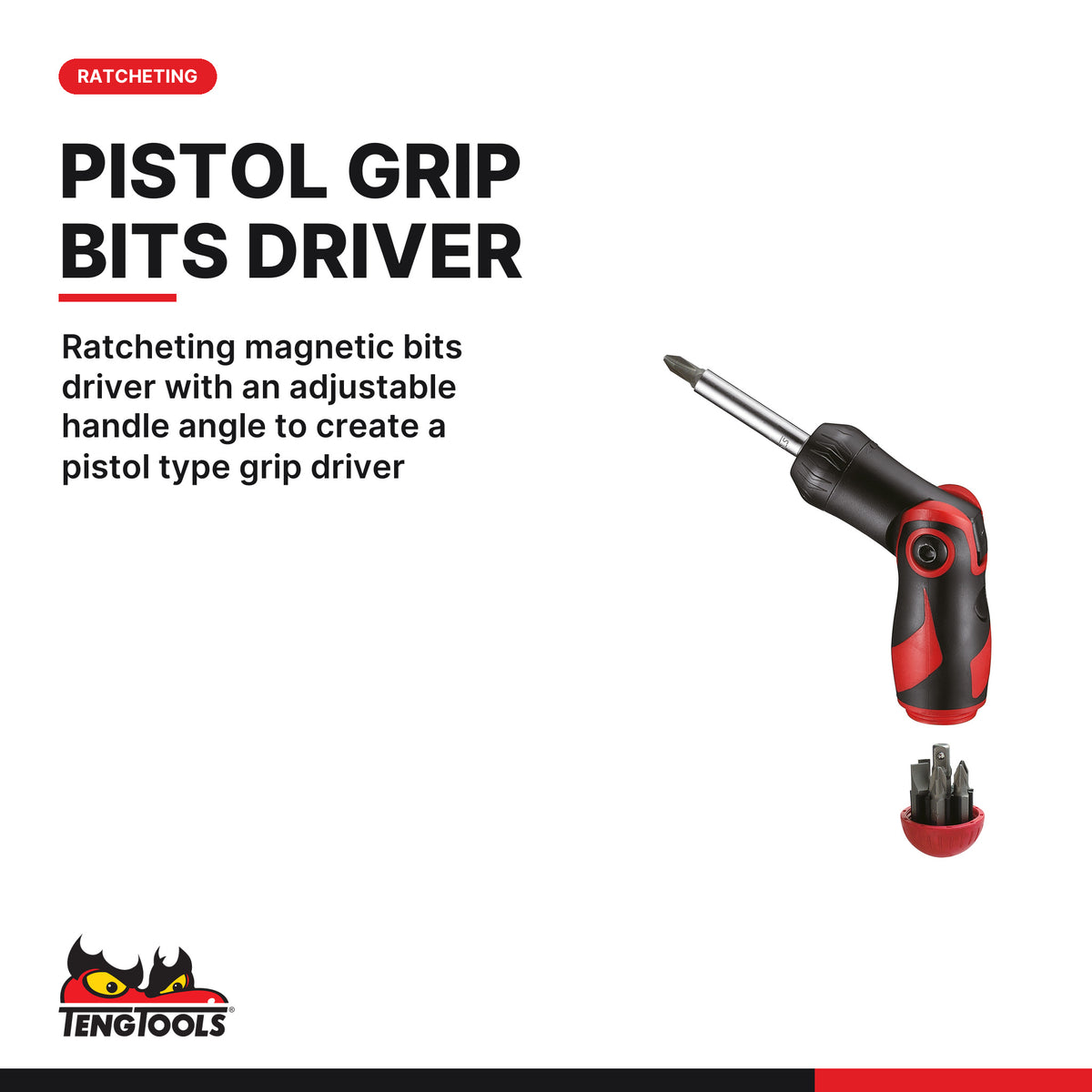 Teng Tools TTMDRT64 64-Piece 1/4 Drive Angled Ratcheting Bit Driver, ratcheting magnetic bits driver with an adjustable
