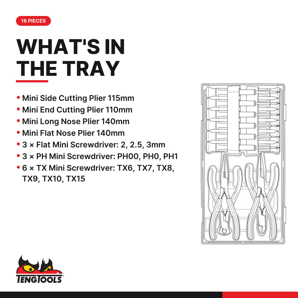 Teng Tools TTMI16 Mini Pliers & Screwdriver Set TT1 16 Pieces, what's in the tray