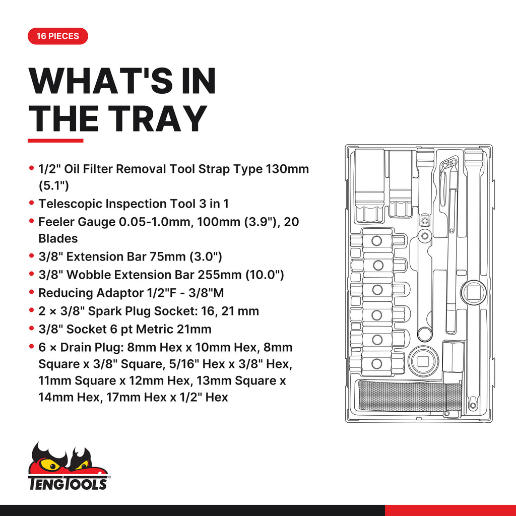 Teng Tools TTOS16 Oil Service Set TT1 16 Pieces, what's in the tray