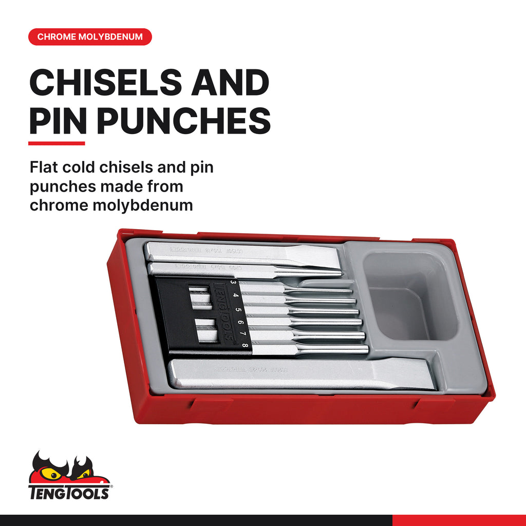 Teng Tools TTPC09 Punch & Chisel Set TT1 9 Pieces, flat cold chisels and pin punches made from chrome molybdenum