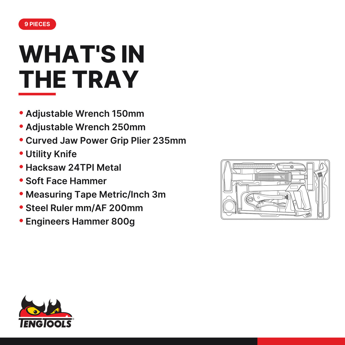 Teng Tools TTPS09E General Tool Set E TT4 9 Pieces, what's in the tray