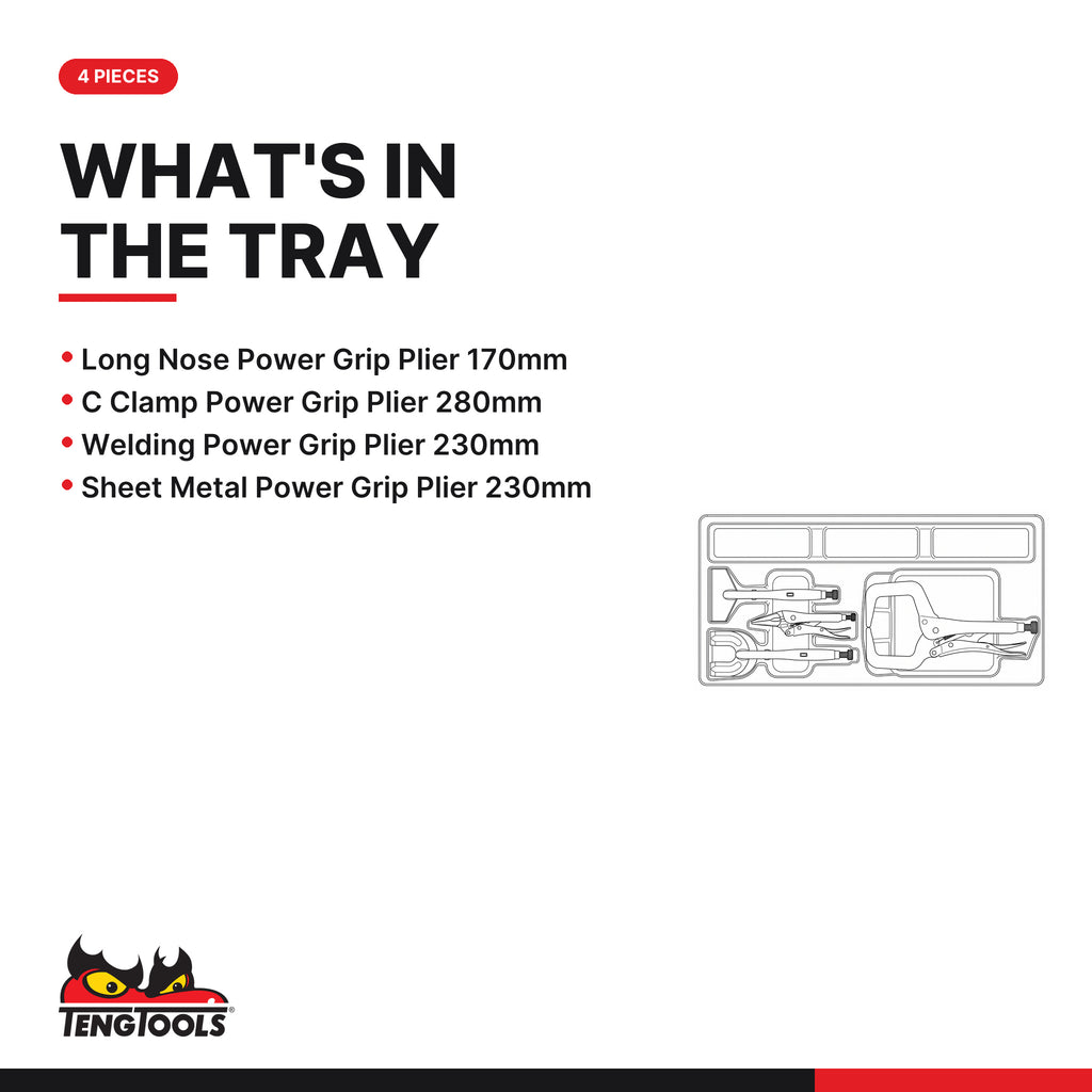 Teng Tools TTPSPG Power Grip Plier Set TT4 4 Pieces, what's in the tray
