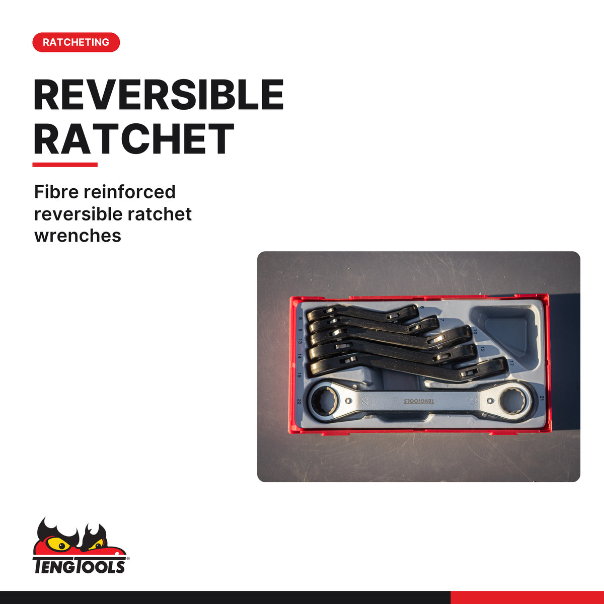 Teng Tools TTRORS Ratcheting Ring Spanner Set TT1 6 Pieces, fibre reinforced reversible ratchet wrenches