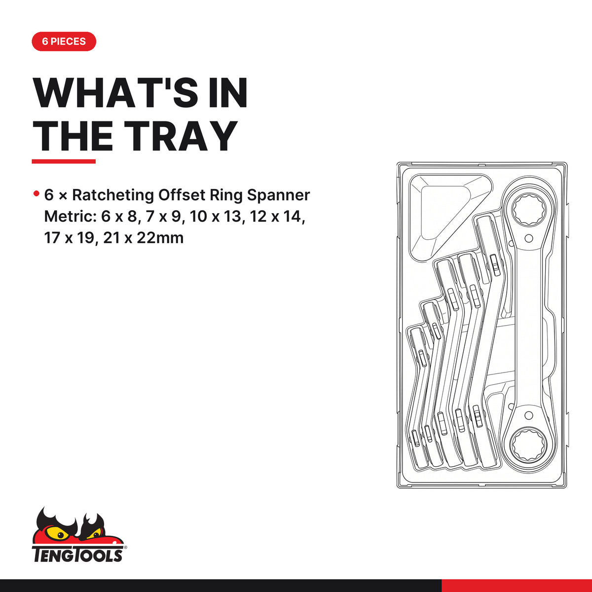 Teng Tools TTRORS Ratcheting Ring Spanner Set TT1 6 Pieces, what's in the tray