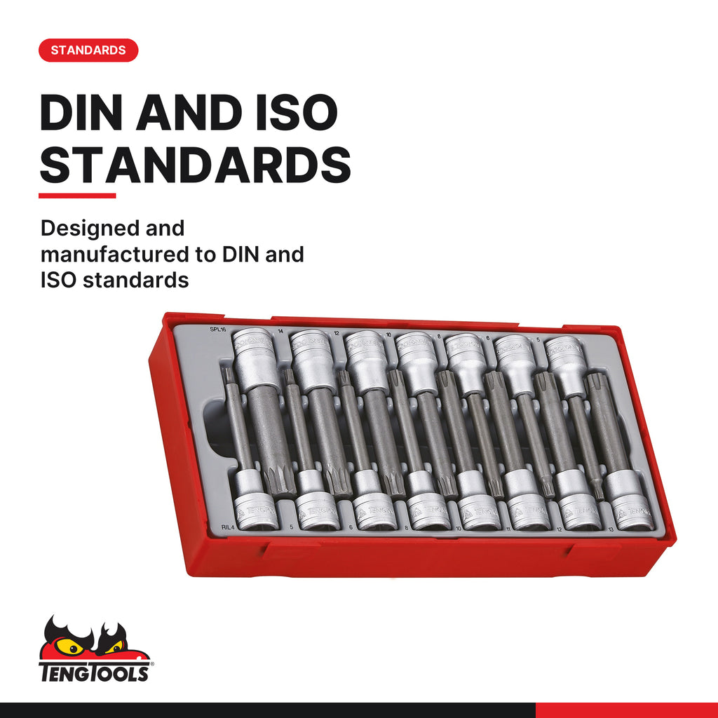 Teng Tools TTRS15 1/2" Long Ribe® & XZN/Triple Square Bit Socket Set TT1 15 Pieces, designed and manufactured to din and iso 