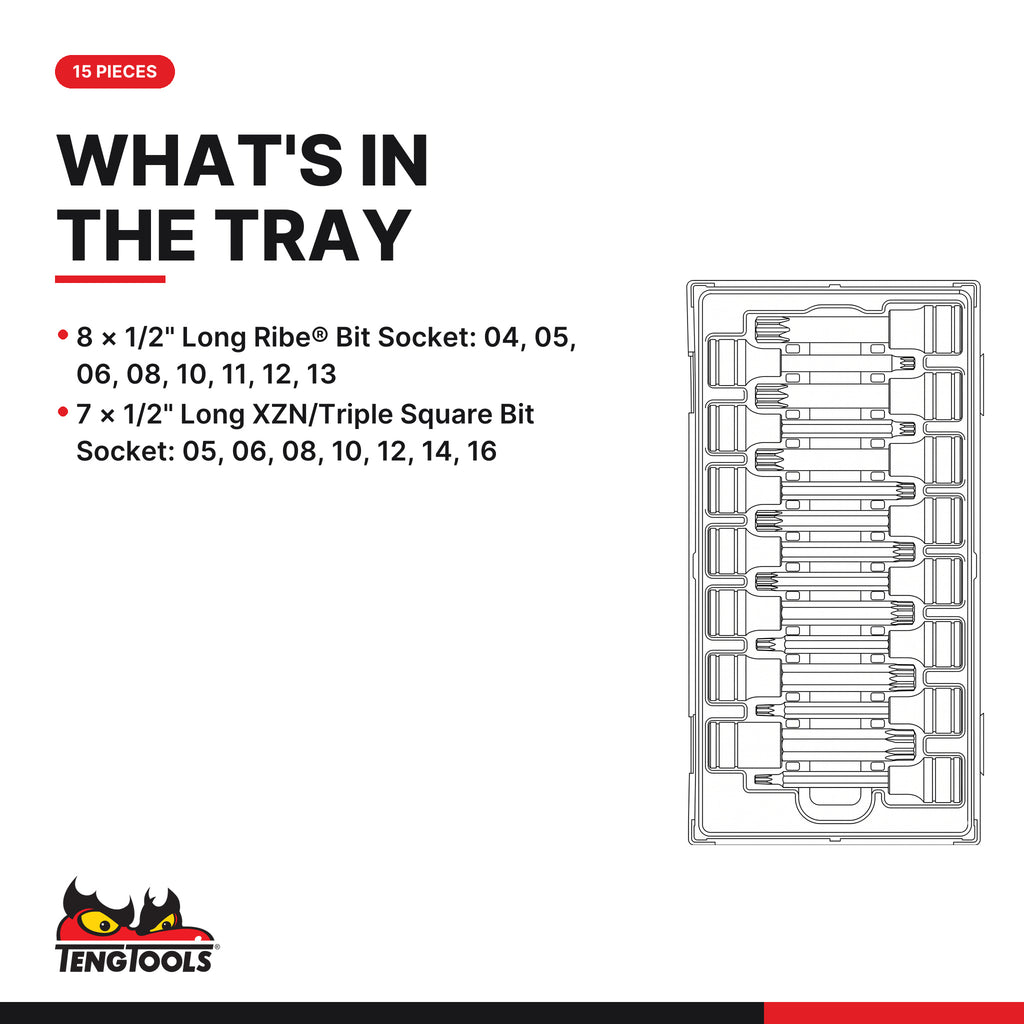 Teng Tools TTRS15 1/2" Long Ribe® & XZN/Triple Square Bit Socket Set TT1 15 Pieces, what's in the tray