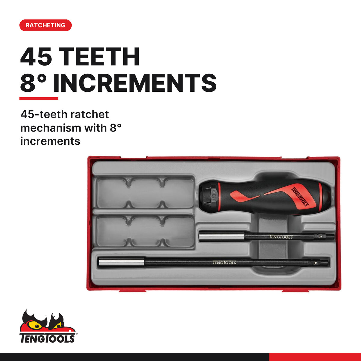 Teng Tools TTRSD15 1/4″ Hex ratcheting bits driver set TT1 15 pieces, 45-teeth ratchet mechanism with 8° increments
