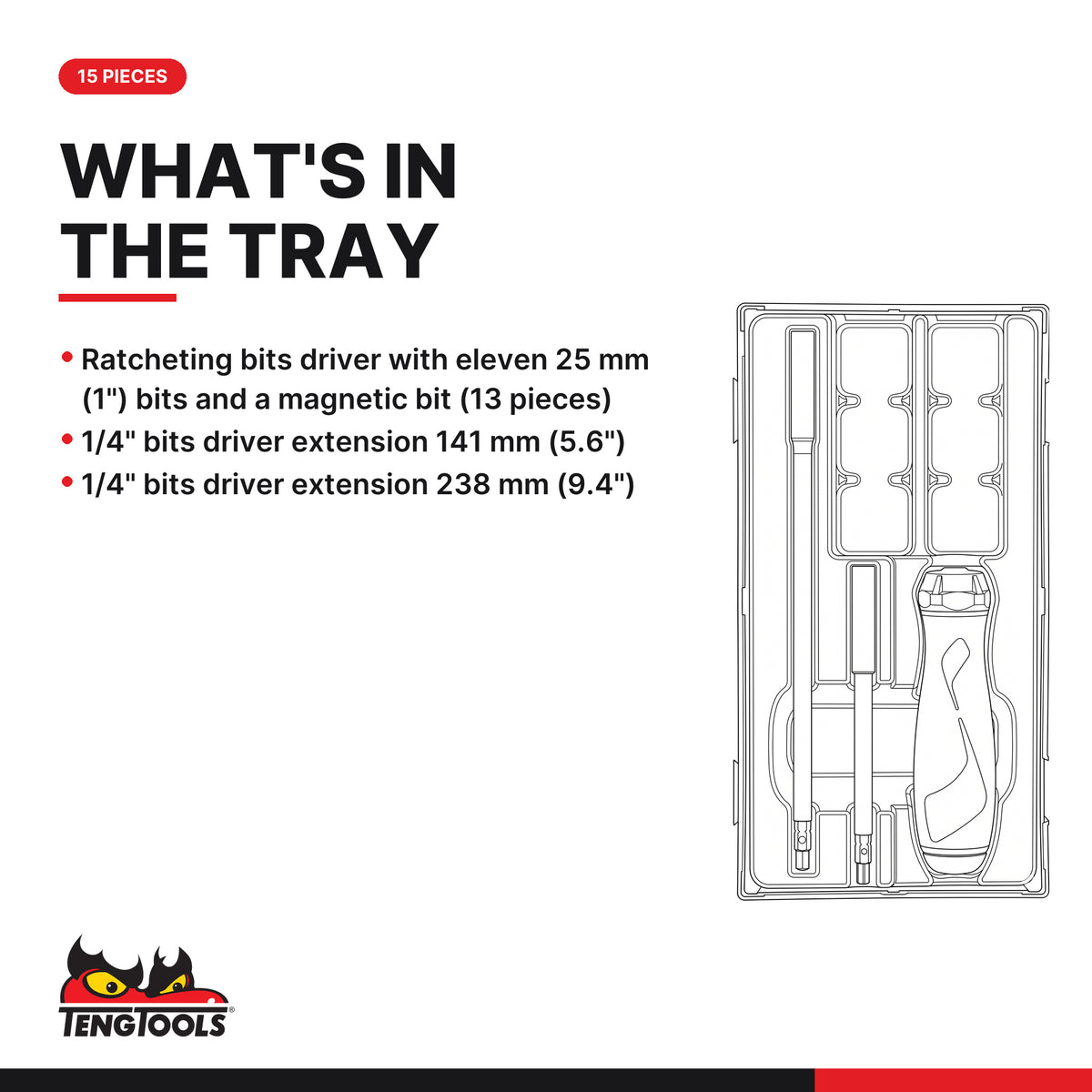 Teng Tools TTRSD15 1/4″ Hex ratcheting bits driver set TT1 15 pieces, what's in the tray