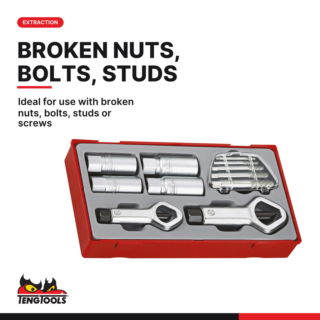Teng Tools TTSN11 Extractor & Nut Splitter Set TT1 11 Pieces, ideal for use with broken nuts, bolts, studs or screws