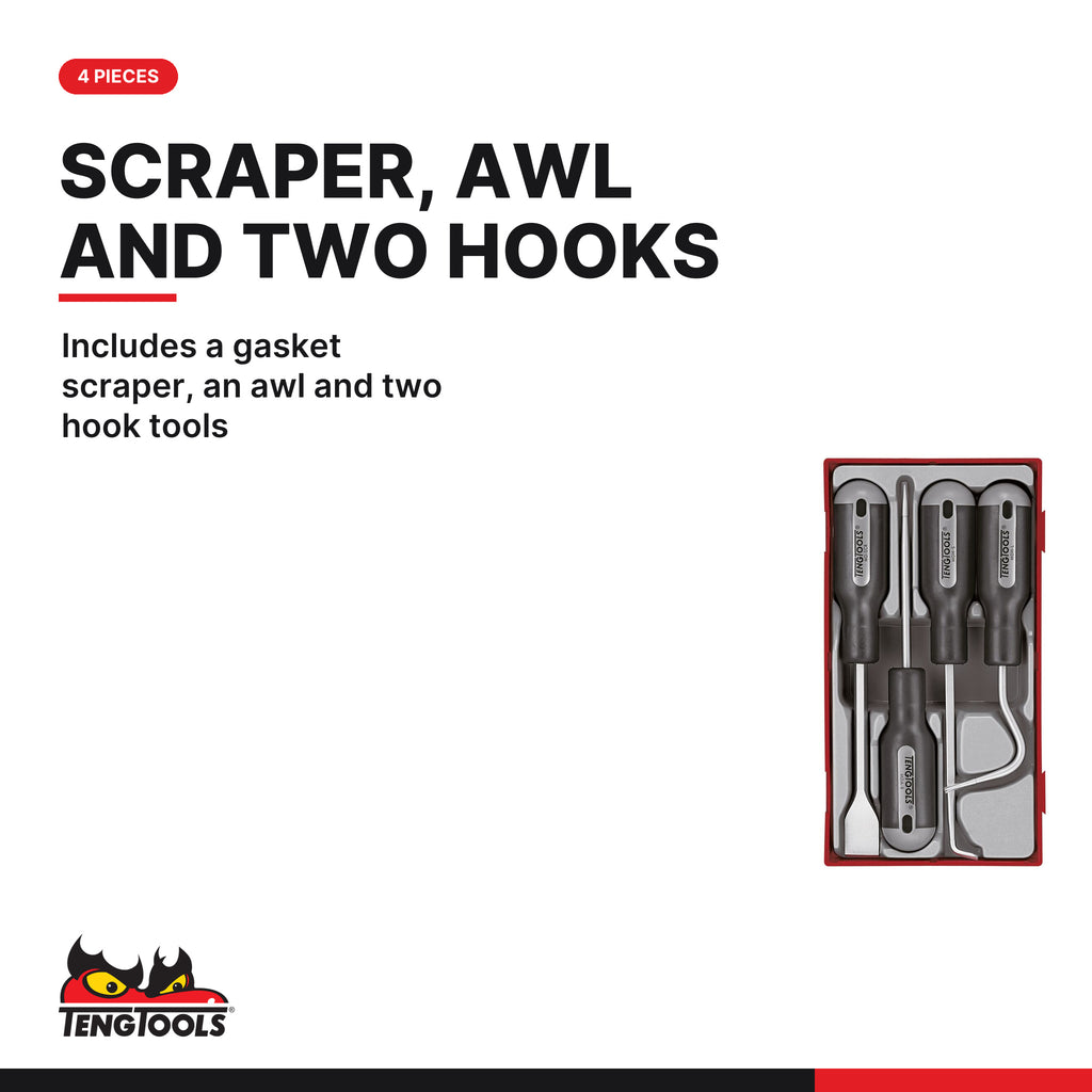 Teng Tools TTSR04 Scraper Set TT1 4 Pieces, includes a gasket scraper, an awl and two hook tools