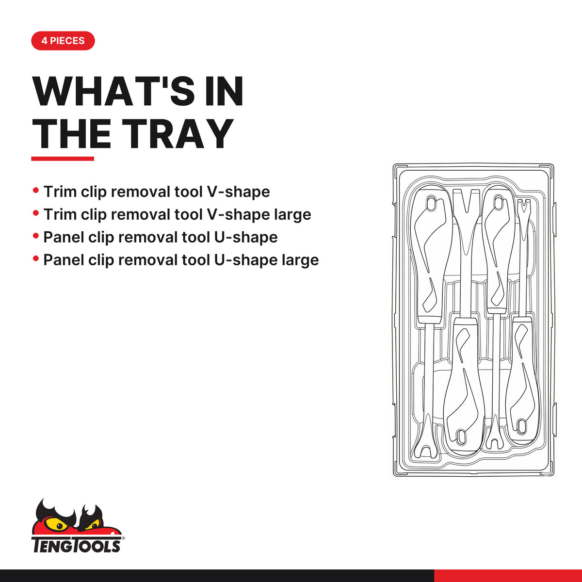 Teng Tools TTSR04A Trim & panel fastener clip removal set TT1 4 pcs, what's in the tray