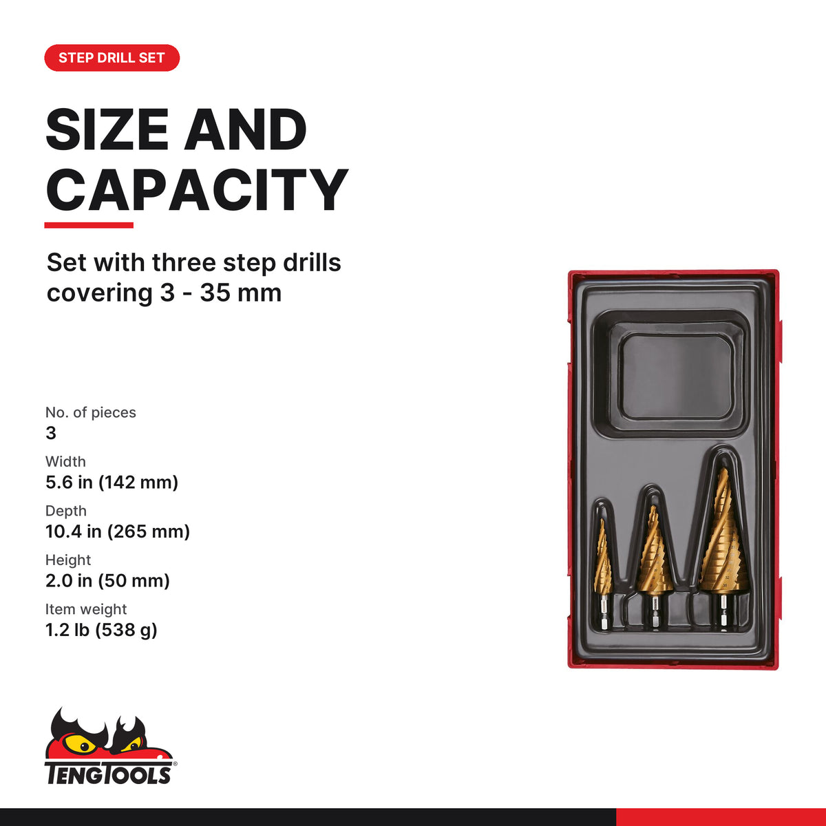 Teng Tools TTSTD03 Step drill set TT1 3, set with three step drills covering 3 - 35 mm