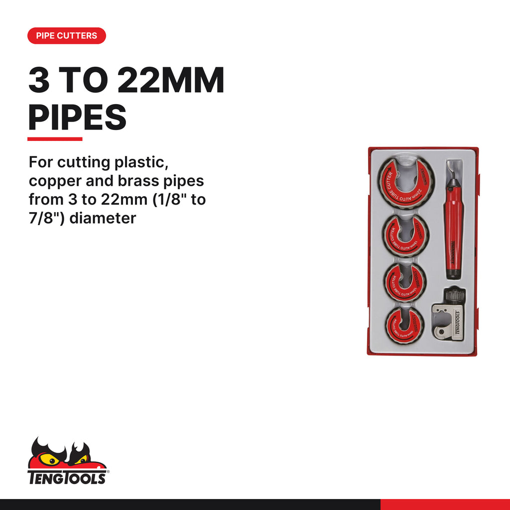 Teng Tools TTTC06 Pipe Cutter Set TT1 6 Pieces, for cutting plastic, copper and brass pipes from 3 to 22mm (1/8" to 7/8") dia