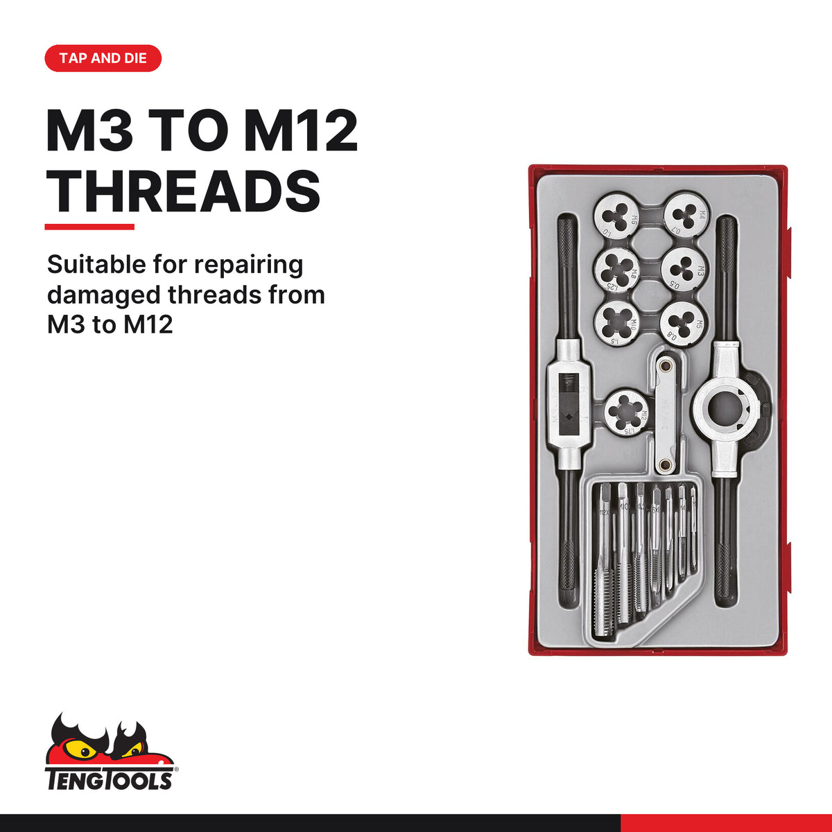 Teng Tools TTTD17 Tap and Die Set TT1 17 Pieces, suitable for repairing damaged threads from m3 to m12