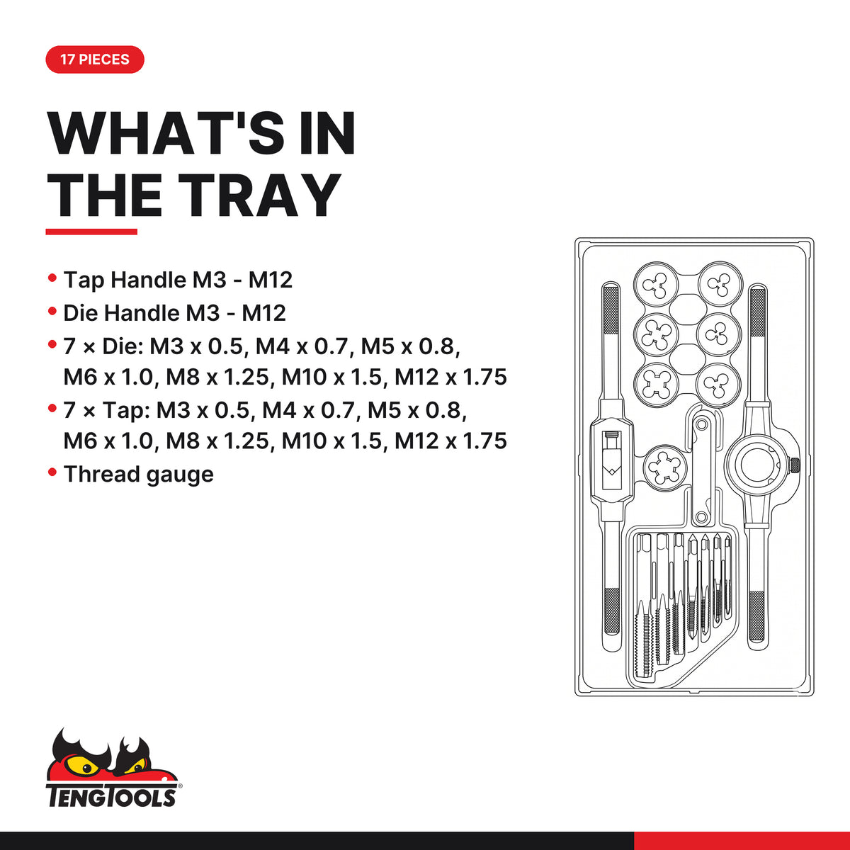 Teng Tools TTTD17 Tap and Die Set TT1 17 Pieces, what's in the tray