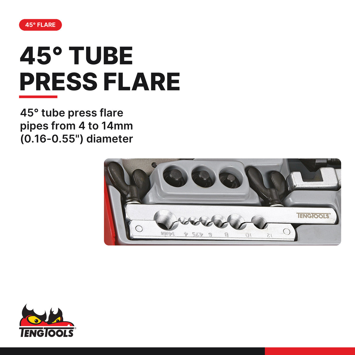 Teng Tools TTTF10 10 Piece Metric Flaring Tool Kit With 3-32 mm Pipe, 45° tube press flare pipes from 4 to 14mm (0.16-0.55")