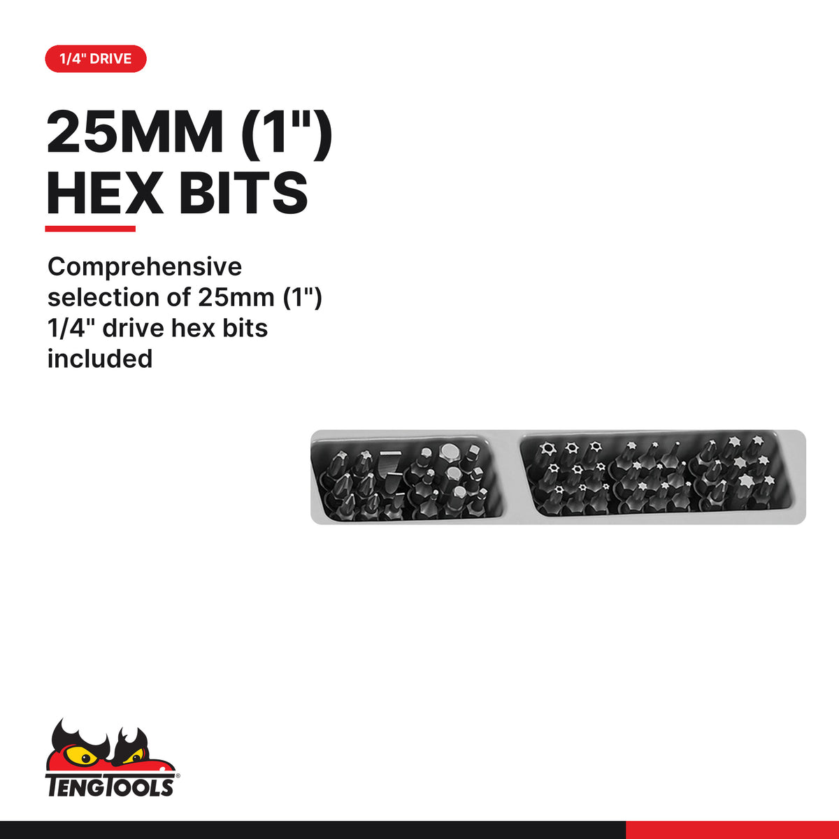 Teng Tools TTTHQ62 62-Piece T-Handle Bit Driver Set, comprehensive selection of 25mm (1") 1/4" drive hex bits included