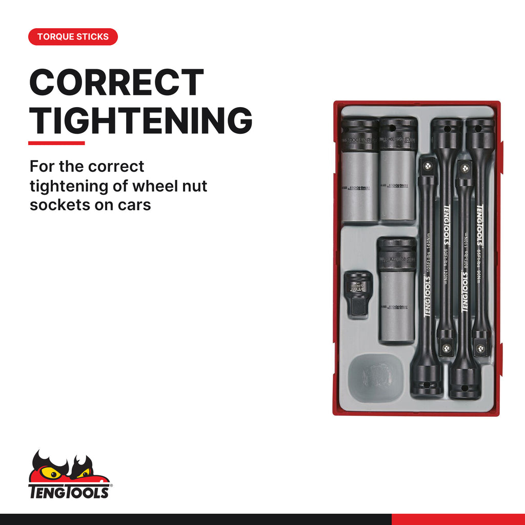 Teng Tools TTTS08 1/2" Torque Sticks & Wheel Nut Set TT1 8 Pieces, for the correct tightening of wheel nut sockets on cars
