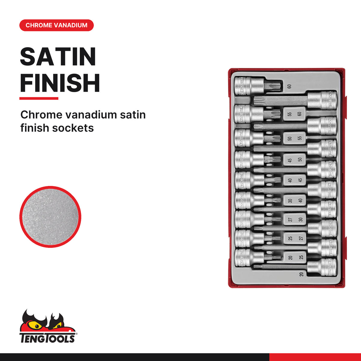 Teng Tools TTTX18 1/2" TX Bit Socket Set TT1 18 Pieces, chrome vanadium satin finish sockets