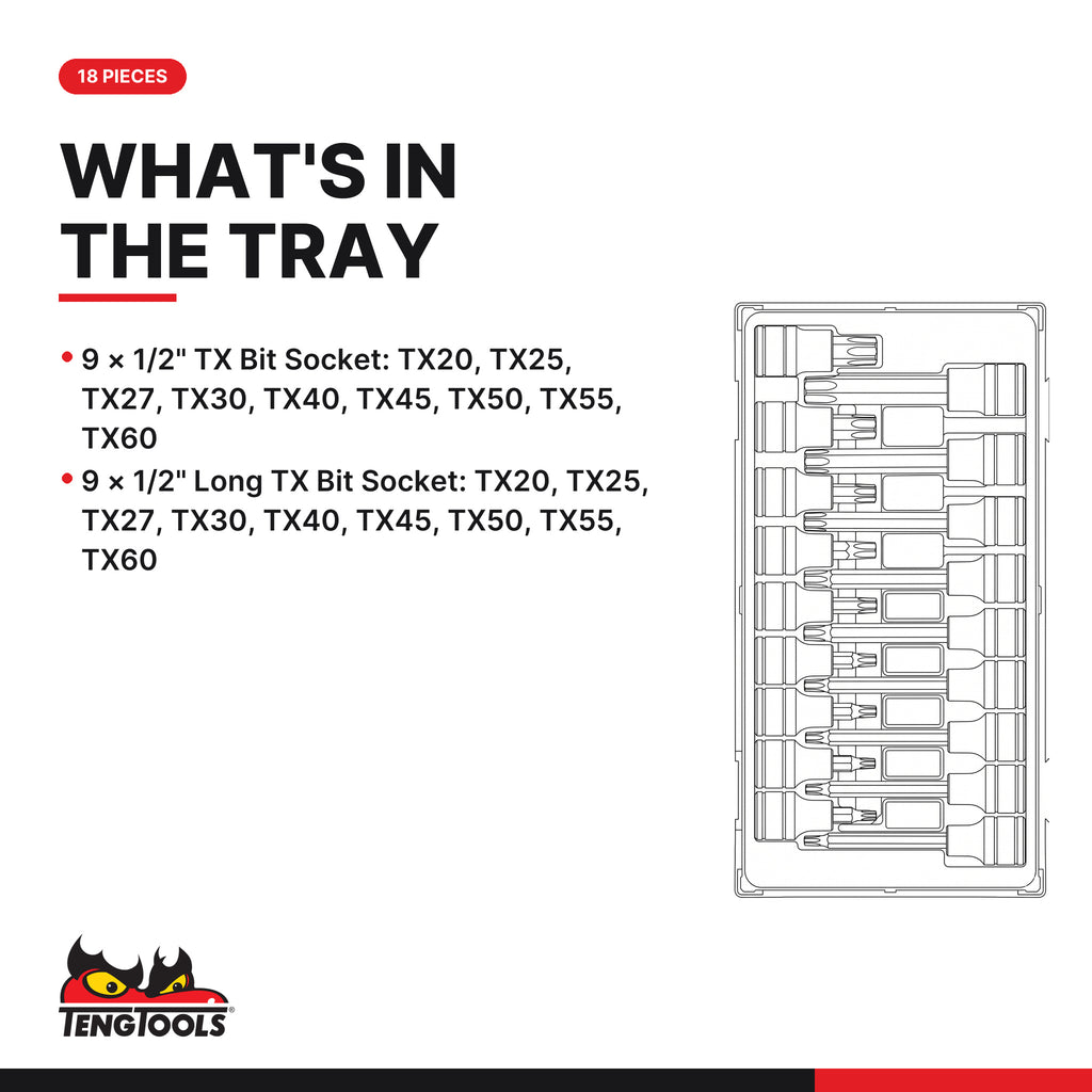 Teng Tools TTTX18 1/2" TX Bit Socket Set TT1 18 Pieces, what's in the tray